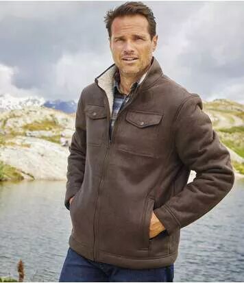 Atlas for Men Men’s Brown Sherpa-Lined Faux Suede Jacket - Full Zip  - BROWN - Size: M Atlas for Men Men’s Brown Sherpa-Lined Faux Suede Jacket - Full Zip  - BROWN - Size: M