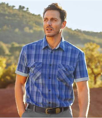 Atlas for Men Men's Blue Checked Poplin Shirt  - CHECKED - Size: L Atlas for Men Men's Blue Checked Poplin Shirt  - CHECKED - Size: L