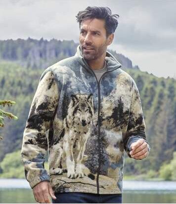 Atlas for Men Men's Wolf-Print Full Zip Fleece Jacket - Blue Grey  - PATTERNED - Size: L Atlas for Men Men's Wolf-Print Full Zip Fleece Jacket - Blue Grey  - PATTERNED - Size: L