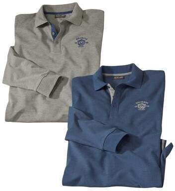Atlas for Men Pack of 2 Men's Long Sleeve Piqué Polo Shirts - Mottled Blue and Grey  - GREY - Size: M Atlas for Men Pack of 2 Men's Long Sleeve Piqué Polo Shirts - Mottled Blue and Grey  - GREY - Size: M