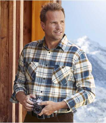 Atlas for Men Men's Casual Checked Flannel Shirt - Blue Brown Ecru  - CHECKED - Size: 4XL Atlas for Men Men's Casual Checked Flannel Shirt - Blue Brown Ecru  - CHECKED - Size: 4XL