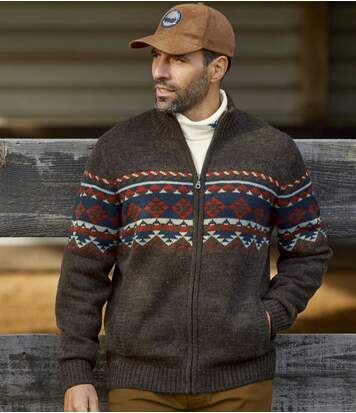 Atlas for Men Men's Brown Patterned Knitted Jacket - Full Zip  - BROWN - Size: 4XL Atlas for Men Men's Brown Patterned Knitted Jacket - Full Zip  - BROWN - Size: 4XL