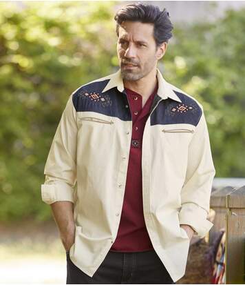 Atlas for Men Men's Ecru Embroidered Overshirt  - ECRU - Size: 3XL Atlas for Men Men's Ecru Embroidered Overshirt  - ECRU - Size: 3XL