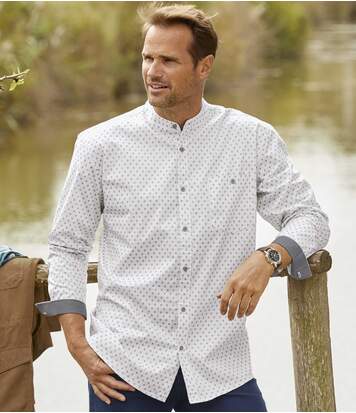 Atlas for Men Men's Mandarin-Collar Patterned White Shirt  - PATTERNED - Size: 3XL Atlas for Men Men's Mandarin-Collar Patterned White Shirt  - PATTERNED - Size: 3XL