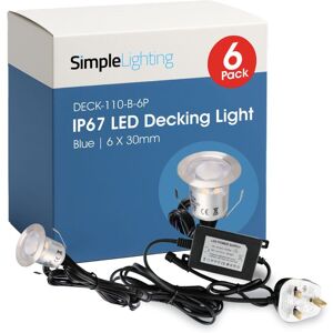 Simple Lighting Pack of 6 Blue 30mm LED Decking Lights – IP67, 12V, 0.6W, Stainless Steel, with Driver Simple Lighting Pack of 6 Blue 30mm LED Decking Lights – IP67, 12V, 0.6W, Stainless Steel, with Driver