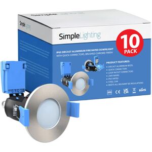 Simple Lighting Pack of 10 IP65 Shower Fire Rated Fixed Downlights in a Brushed Chrome Finish Simple Lighting Pack of 10 IP65 Shower Fire Rated Fixed Downlights in a Brushed Chrome Finish