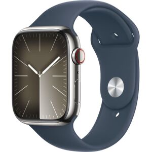 APPLE Watch Series 9 Cellular - 45 mm Silver Stainless Steel Case with Storm Blue Sport Band, S/M, Stainless Steel