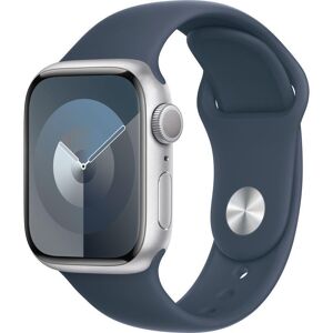 APPLE Watch Series 9 - 41 mm Silver Aluminium Case with Storm Blue Sport Band, S/M, Silver/Grey,Blue