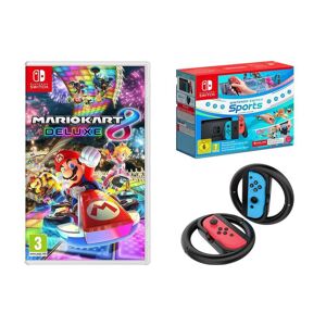NINTENDO Switch (Red and Blue), Nintendo Switch Sports, 3 Month Online Subscription, Mario Kart 8 Deluxe & VS4794 Joy-Con Racing Wheels Bundle, Red,Blue