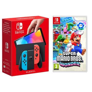 Nintendo Switch OLED (Neon Red & Blue) & Super Mario Bros. Wonder Bundle, Red,Blue