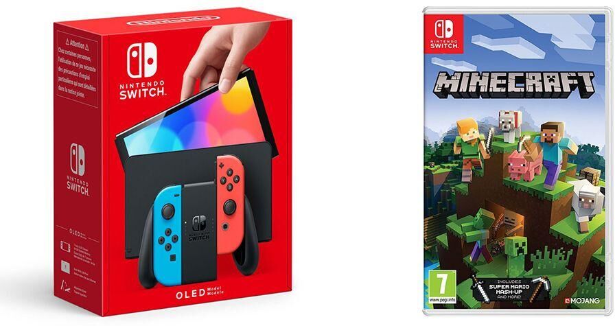 Nintendo Switch OLED Neon & Minecraft Bundle, Red,Blue