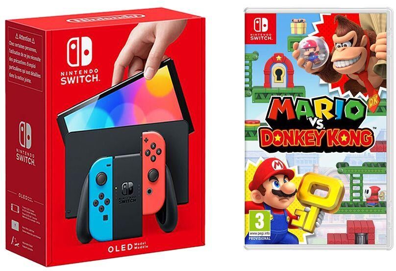 Nintendo Switch OLED (Neon Red & Blue) & Mario vs Donkey Kong Bundle, Red,Blue