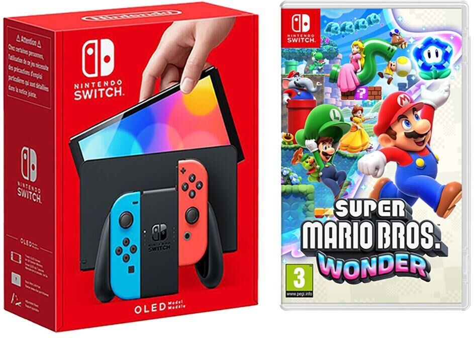 Nintendo Switch OLED (Neon Red & Blue) & Super Mario Bros. Wonder Bundle, Red,Blue