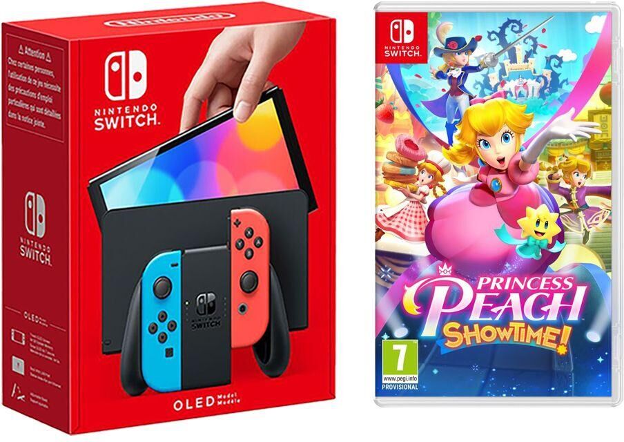 Nintendo Switch OLED (Neon Red & Blue) & Princess Peach: Showtime Bundle, Red,Blue