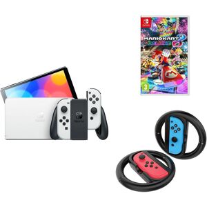 NINTENDO Switch OLED White, Mario Kart 8 Deluxe & Venom Joy-Con Racing Wheels Bundle, White