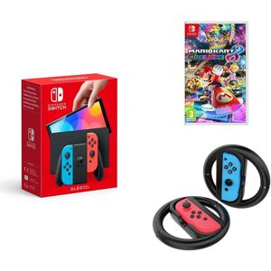 Nintendo Switch OLED Neon, Mario Kart 8 Deluxe & Racing Wheels Bundle, Red,Blue