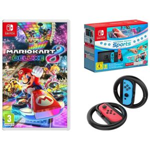 NINTENDO Switch (Red and Blue), Nintendo Switch Sports, 3 Month Online Subscription, Mario Kart 8 Deluxe & VS4794 Joy-Con Racing Wheels Bundle, Red,Blue