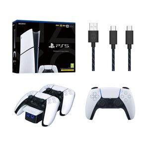 Sony PlayStation 5 Digital Edition Model Group, VS5001 Twin Docking Station, DualSense Wireless Controller (White) & Charge Cable Bundle, White