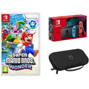 Nintendo Switch (Neon Red & Blue), Super Mario Bros. Wonder & Nintendo Switch Case (Black) Bundle, Red,Blue