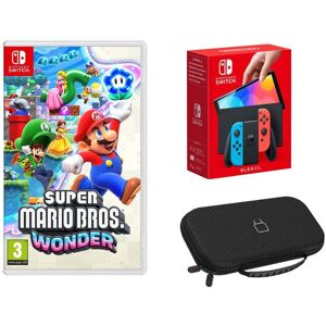 Nintendo Switch OLED (Neon Red & Blue), Super Mario Bros. Wonder & Case (Black) Bundle, Red,Blue