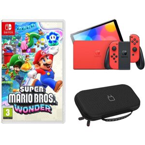 Nintendo Switch OLED (Mario Red Edition), Super Mario Bros. Wonder & Nintendo Switch Case (Black) Bundle, Red