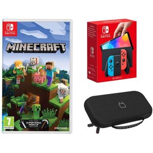 Nintendo Switch OLED (Neon Red & Blue), Minecraft & Case (Black) Bundle, Red,Blue