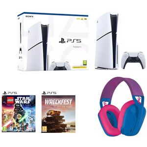 Sony PlayStation 5 Model Group (Slim), Wreckfest, LEGO Star Wars: The Skywalker Saga & G435 Wireless Gaming Headset (Blue) Bundle, White