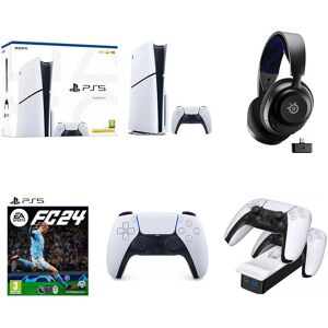 Sony PlayStation 5 Model Group (Slim), VS5001 Twin Docking Station, DualSense Wireless Controller, EA Sports FC 24 & Arctis Nova 4P Wireless 7.1 Gaming Headset Bundle, White