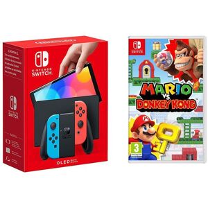 Nintendo Switch OLED (Neon Red & Blue) & Mario vs Donkey Kong Bundle, Red,Blue