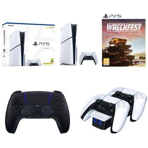 Sony PlayStation 5 Model Group (Slim), PS5 DualSense Wireless Controller (Midnight Black), Venom VS5001 PlayStation 5 Twin Docking Station (White) & Wreckfest (PS5) Bundle, White