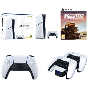 Sony PlayStation 5 Model Group (Slim), PS5 DualSense Wireless Controller (White), Venom VS5001 PlayStation 5 Twin Docking Station (White) & Wreckfest (PS5) Bundle, White