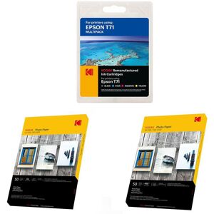 KODAK Remanufactured Epson T71 Black, Cyan, Magenta & Yellow Ink Cartridges Multipack & Photo Paper Bundle - 50 Sheets, 2 Packs, Black,Yellow,Cyan,Magenta