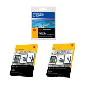 KODAK Remanufactured Epson T128 Black, Cyan, Magenta & Yellow Ink Cartridges Multipack & Photo Paper Bundle - 50 Sheets, 2 Packs, Black,Yellow,Cyan,Magenta
