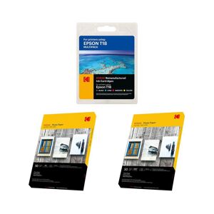 KODAK Remanufactured Epson T18 Black, Cyan, Magenta & Yellow Ink Cartridges Multipack & Photo Paper Bundle - 50 Sheets, 2 Packs, Black,Yellow,Cyan,Magenta