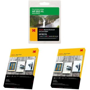 KODAK Remanufactured HP 953 XL Black, Cyan, Magenta & Yellow Ink Cartridges Multipack & Photo Paper Bundle - 50 Sheets, 2 Packs, Black,Yellow,Cyan,Magenta