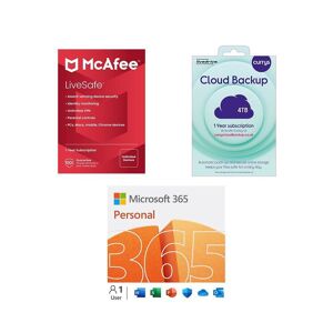Microsoft 365 Personal (12 months (automatic renewal), 1 user), Cloud Backup (4 TB, 1 year) & LiveSafe (1 year, unlimited devices) Bundle