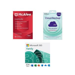 Microsoft 365 Family (12 months (automatic renewal), 6 users), LiveSafe (1 year, unlimited devices) & Cloud Backup (4 TB, 1 year) Bundle