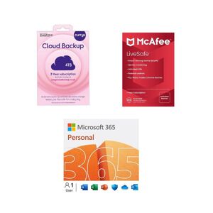 Microsoft 365 Personal (12 months (automatic renewal), 1 user), McAfee LiveSafe (1 year, unlimited devices) & Cloud Backup (4 TB, 3 years) Bundle