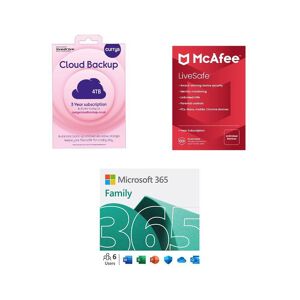 Microsoft 365 Family (12 months (automatic renewal), 6 users), McAfee LiveSafe (1 year, unlimited devices) & Cloud Backup (4 TB, 3 years) Bundle