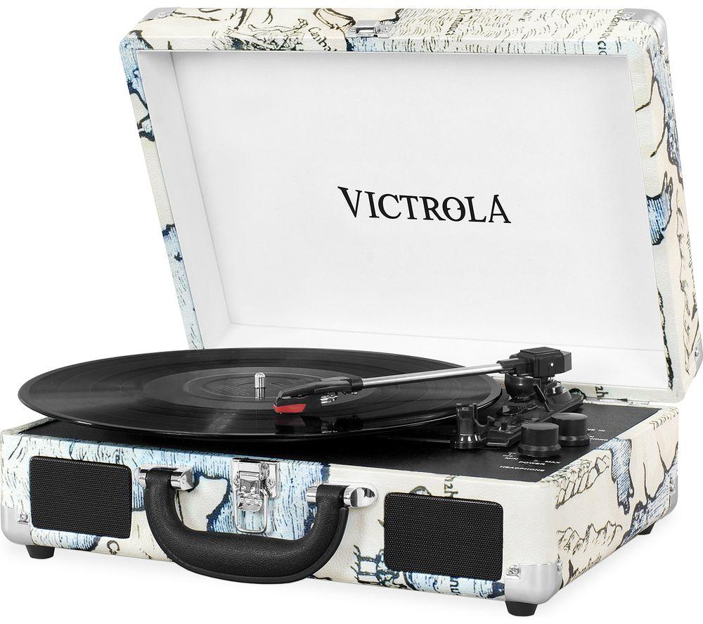 VICTROLA Journey Portable Belt Drive Bluetooth Turntable - Map Print, Blue,White,Patterned