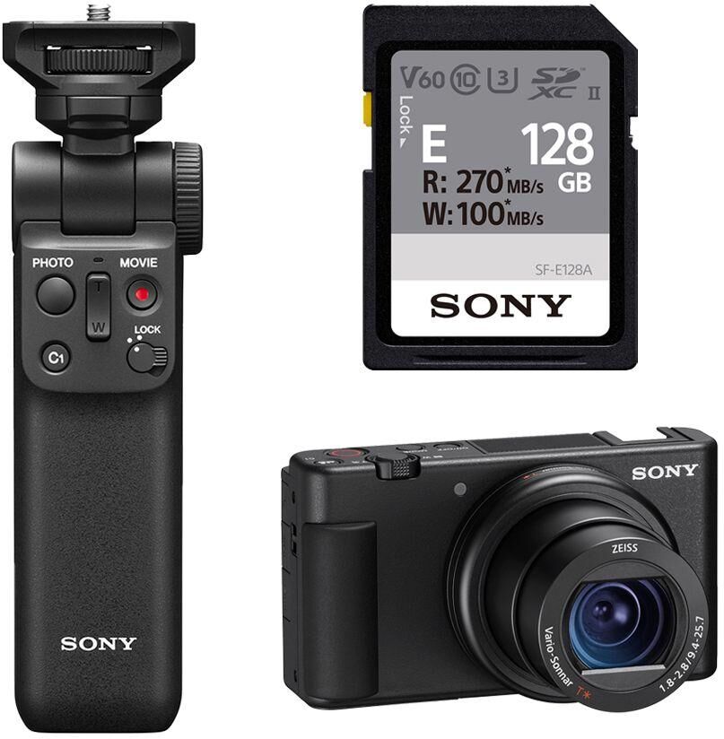 SONY ZV-1 High Performance Compact Vlogging Camera, GP-VPT2BT Shooting Grip & SD Card Bundle, Black