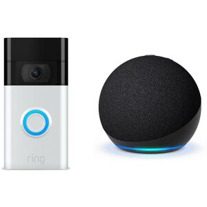 Amazon Video Doorbell (2nd Gen, Satin Nickel) & Echo Dot (5th Gen) Smart Speaker with Alexa Bundle, Silver/Grey