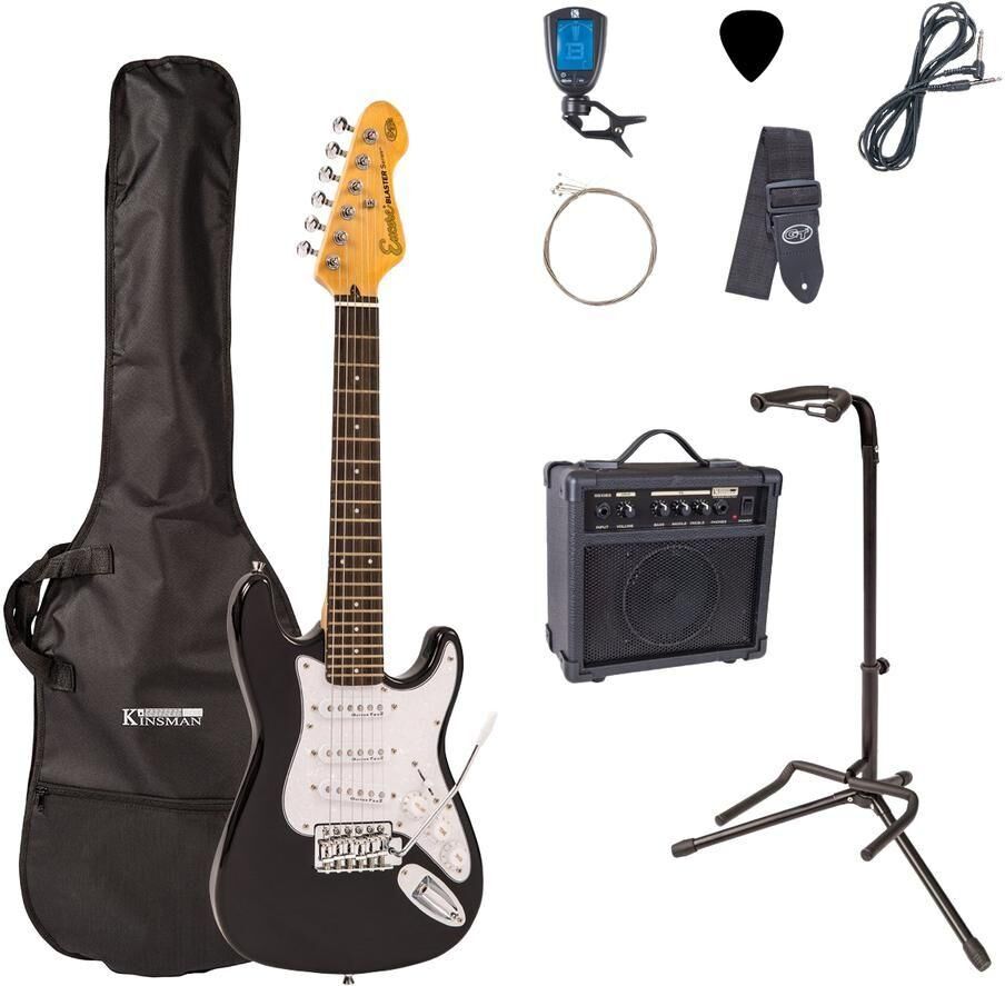 ENCORE Blaster E375BLK 3/4 Size Electric Guitar Bundle - Gloss Black, Black