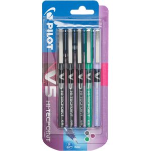 Pilot V5 0.5mm Hi-Tecpoint Rollerball Pen Black/green/violet (Pack Of 5)