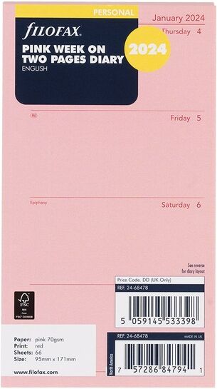 Filofax Personal Pink Week On Two Pages 2024 Diary Refill