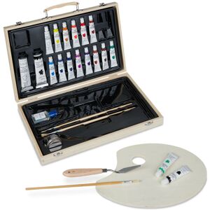 Relaxdays Wooden Painting Case, Artist's Supply Set, 18 Colours, Mixing Palette, Brushes, Oil, Knife & Cup, Natural Relaxdays Wooden Painting Case, Artist's Supply Set, 18 Colours, Mixing Palette, Brushes, Oil, Knife & Cup, Natural
