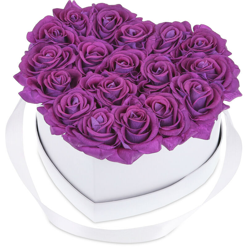 Heart Flower Box, 18 Faux Roses, White Box, Last 10 Years, Great Gift, Decorative Bouquet, Purple - Relaxdays