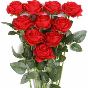 Denuotop - Artificial Rose Silk Flowers Bouquet Home Office Wedding Arrangements Red (10 pcs)