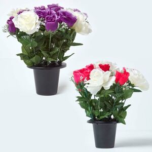 Homescapes - Set of 2 Pink & Purple Roses Artificial Flowers in Grave Vases