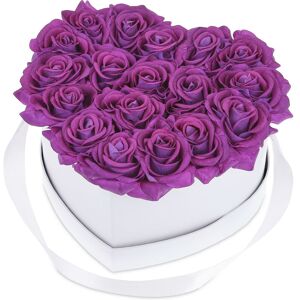 Relaxdays - Heart Flower Box, 18 Faux Roses, White Box, Last 10 Years, Great Gift, Decorative Bouquet, Purple